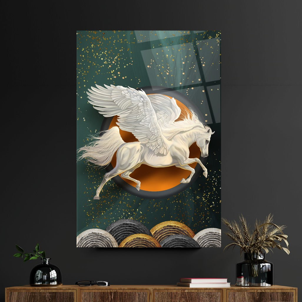 Winged Horse Pegasus Teal Glass Wall Art