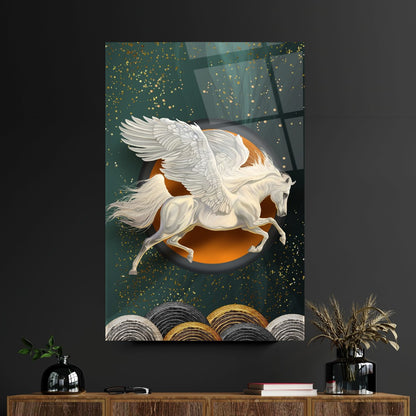 Winged Horse Pegasus Teal Glass Wall Art