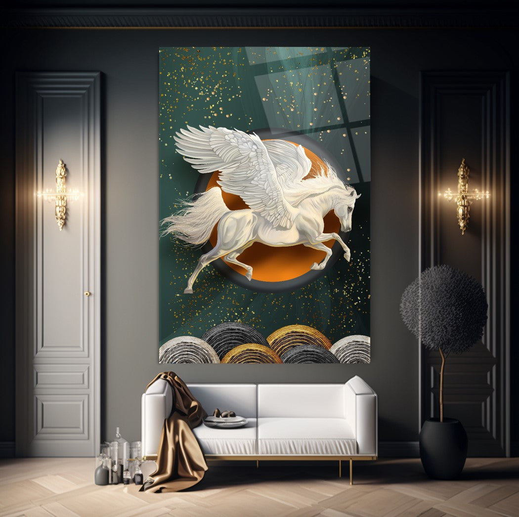Winged Horse Pegasus Teal Glass Wall Art