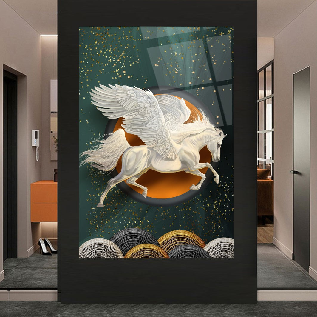 Winged Horse Pegasus Teal Glass Wall Art