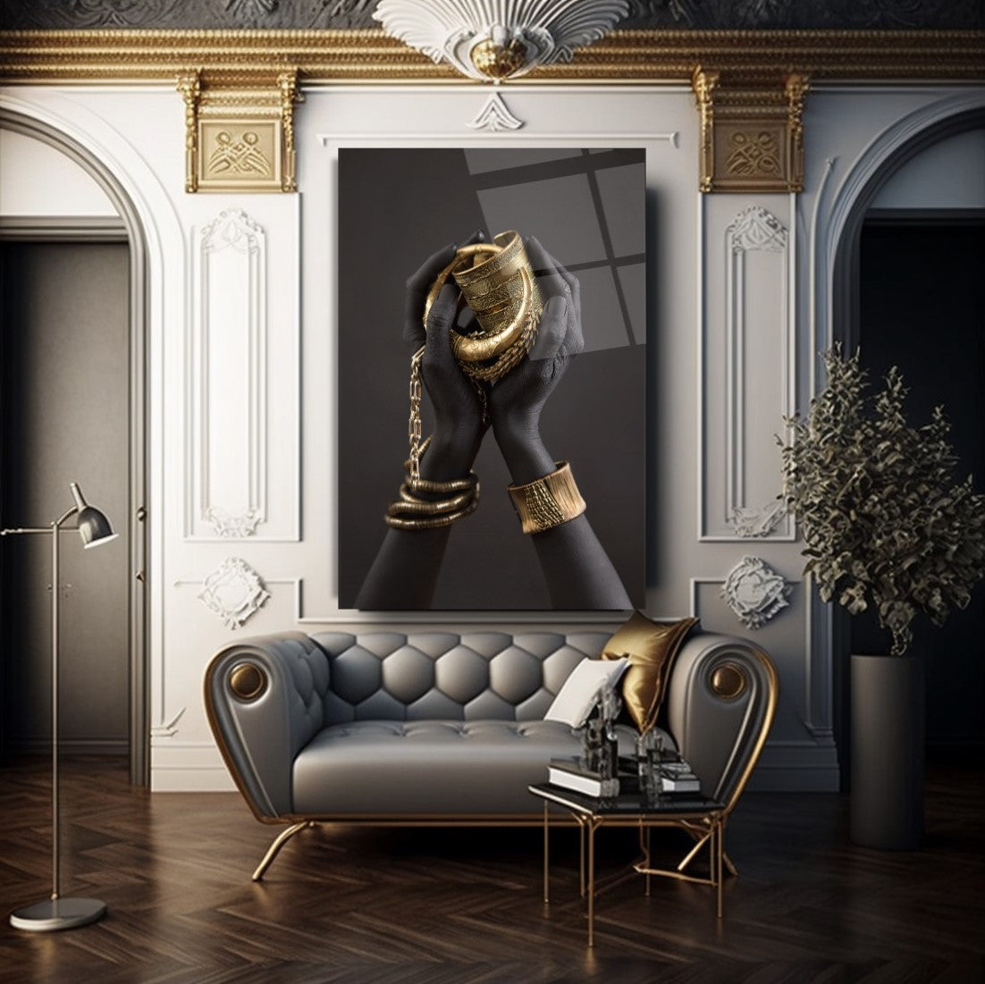 Gold Hands Glass Wall Art