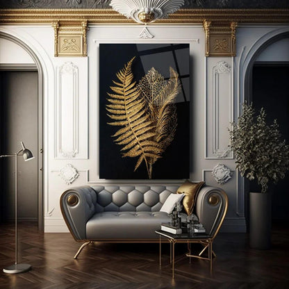 Golden Leaves Glass Wall Art - LUXARTDECO