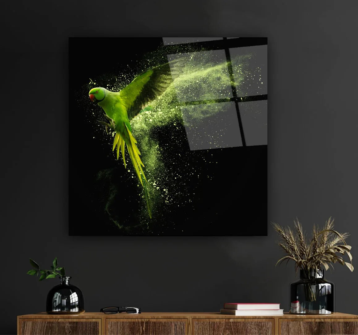 Green Parrot Glass Wall Art - LUXARTDECO