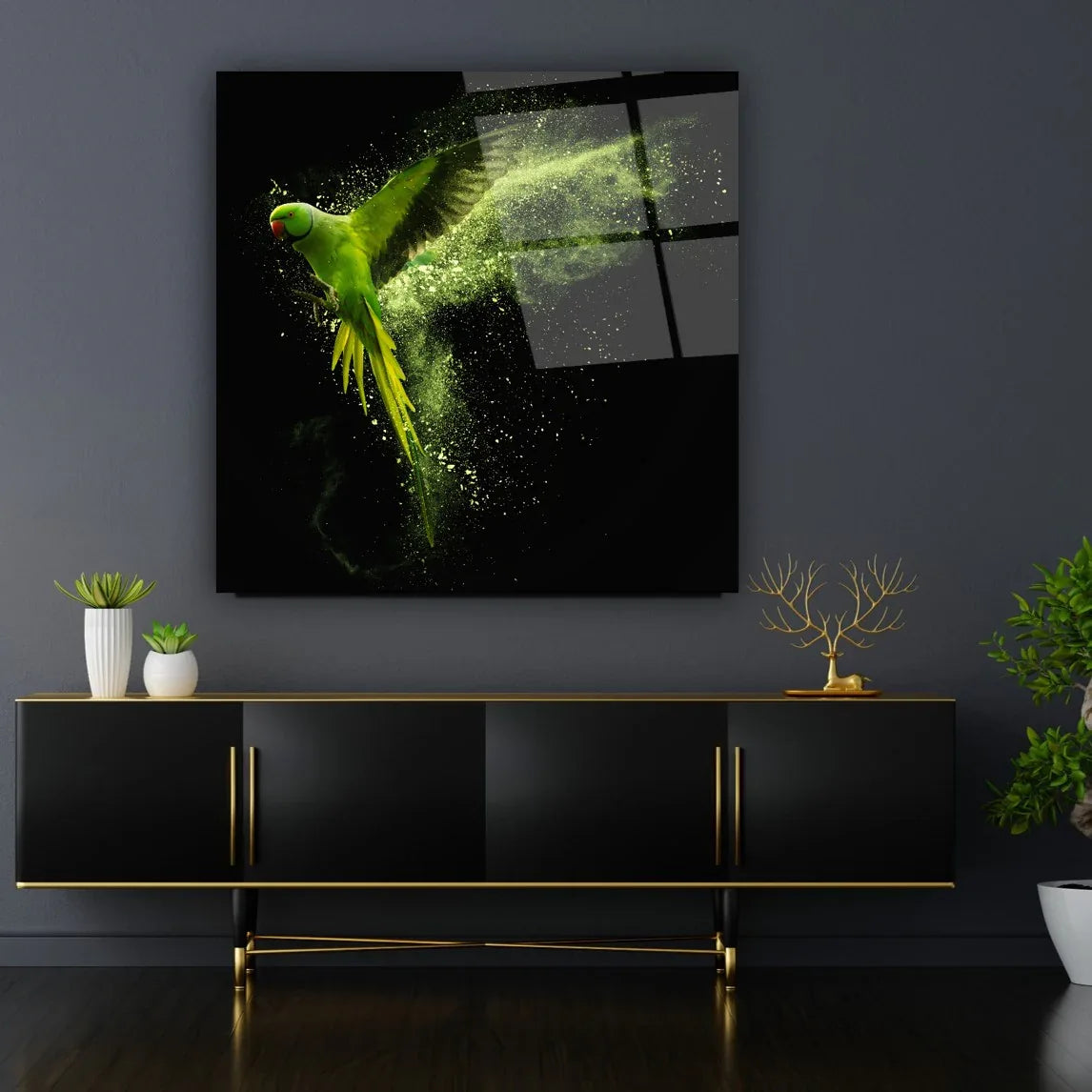 Green Parrot Glass Wall Art - LUXARTDECO