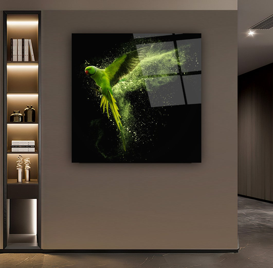 Decorazione murale in vetro con pappagallo verde 