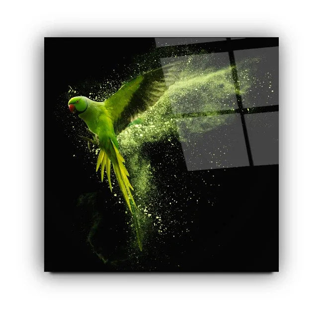 Green Parrot Glass Wall Art - LUXARTDECO