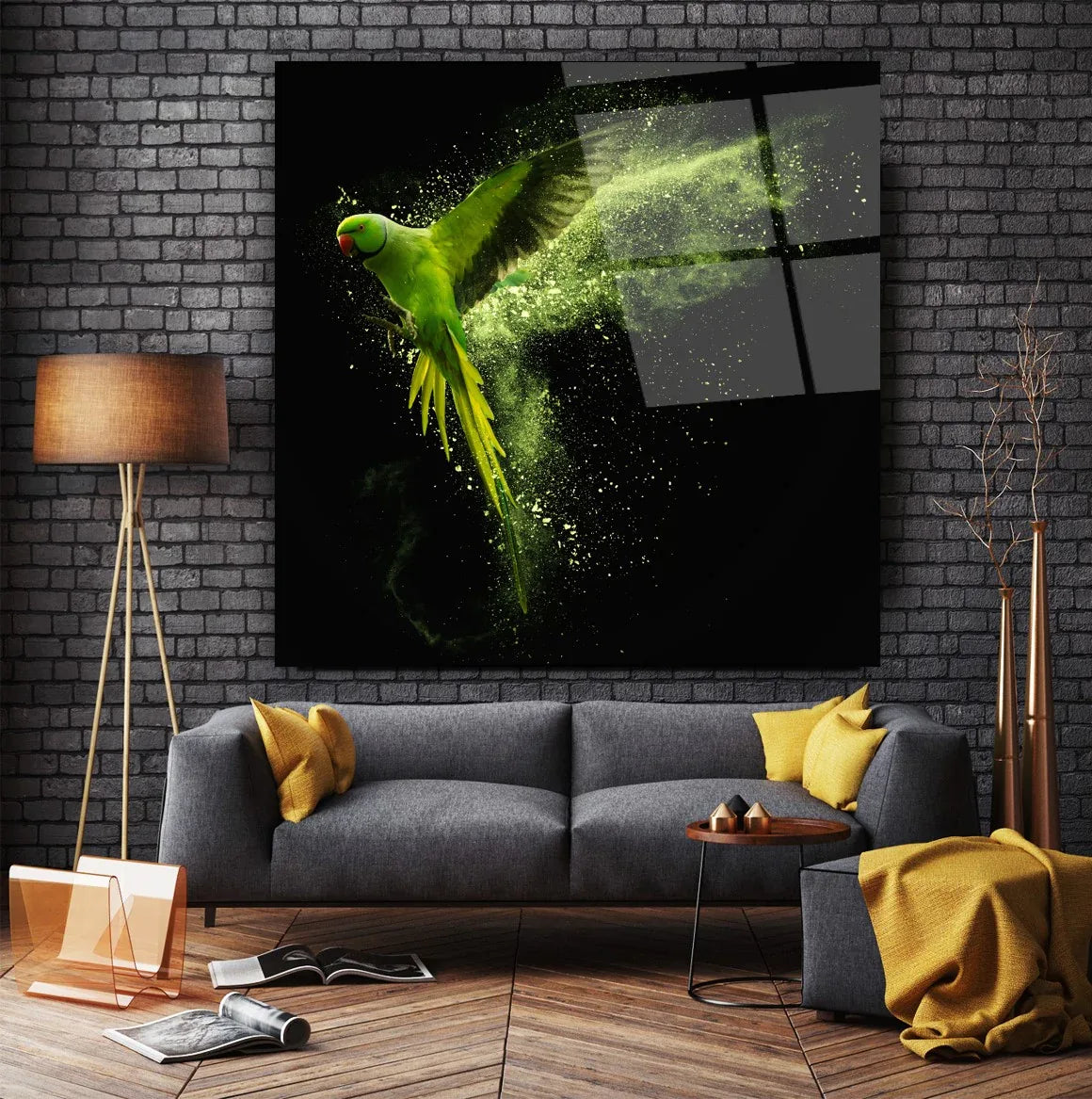 Green Parrot Glass Wall Art - LUXARTDECO