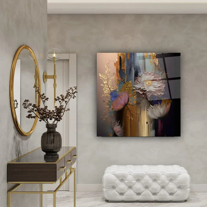 Blue and Pink Flowers Glass Wall Art - LUXARTDECO
