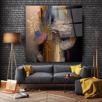 Blue and Pink Flowers Glass Wall Art - LUXARTDECO