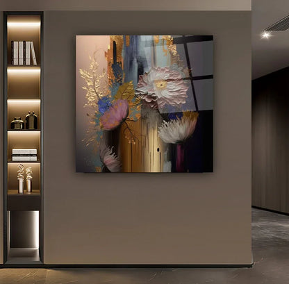 Blue and Pink Flowers Glass Wall Art - LUXARTDECO
