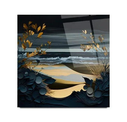 Blue and Gold Nature Glass Wall Art - LUXARTDECO