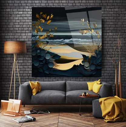 Blue and Gold Nature Glass Wall Art - LUXARTDECO