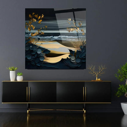 Blue and Gold Nature Glass Wall Art - LUXARTDECO