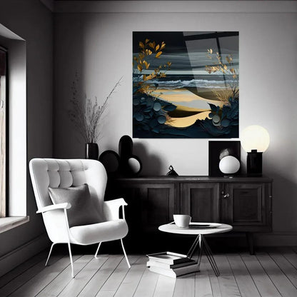 Blue and Gold Nature Glass Wall Art - LUXARTDECO
