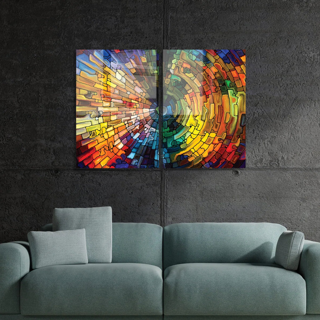 Ensemble de deux tableaux muraux en verre à texture de bois colorée