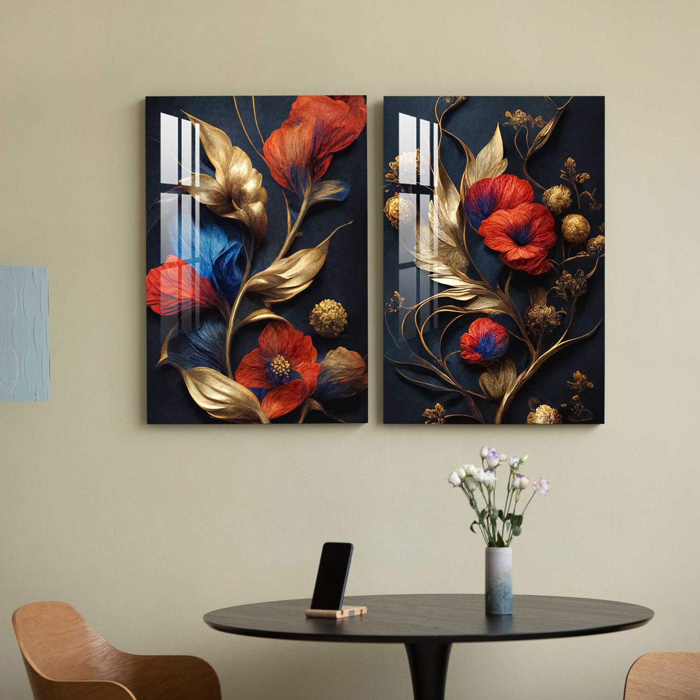Red Flowers Blue Gold Duo Glass Wall Art Set - LUXARTDECO