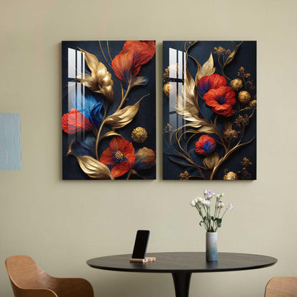 Red Flowers Blue Gold Duo Glass Wall Art Set - LUXARTDECO