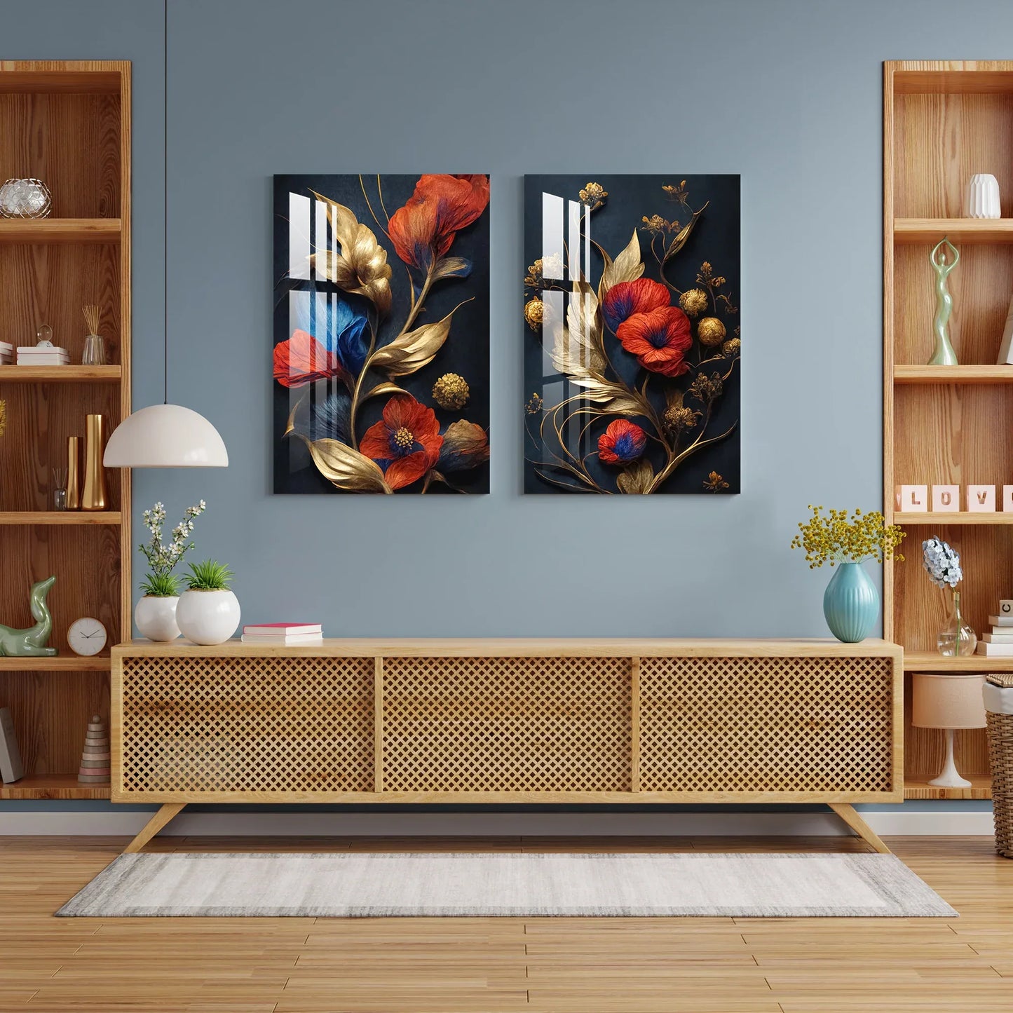 Red Flowers Blue Gold Duo Glass Wall Art Set - LUXARTDECO
