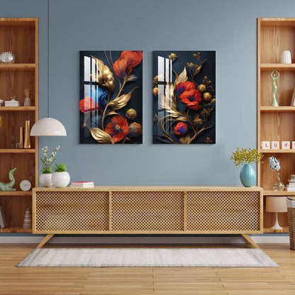 Red Flowers Blue Gold Duo Glass Wall Art Set - LUXARTDECO