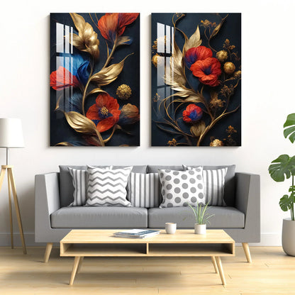 Red Flowers Blue Gold Duo Glass Wall Art Set - LUXARTDECO