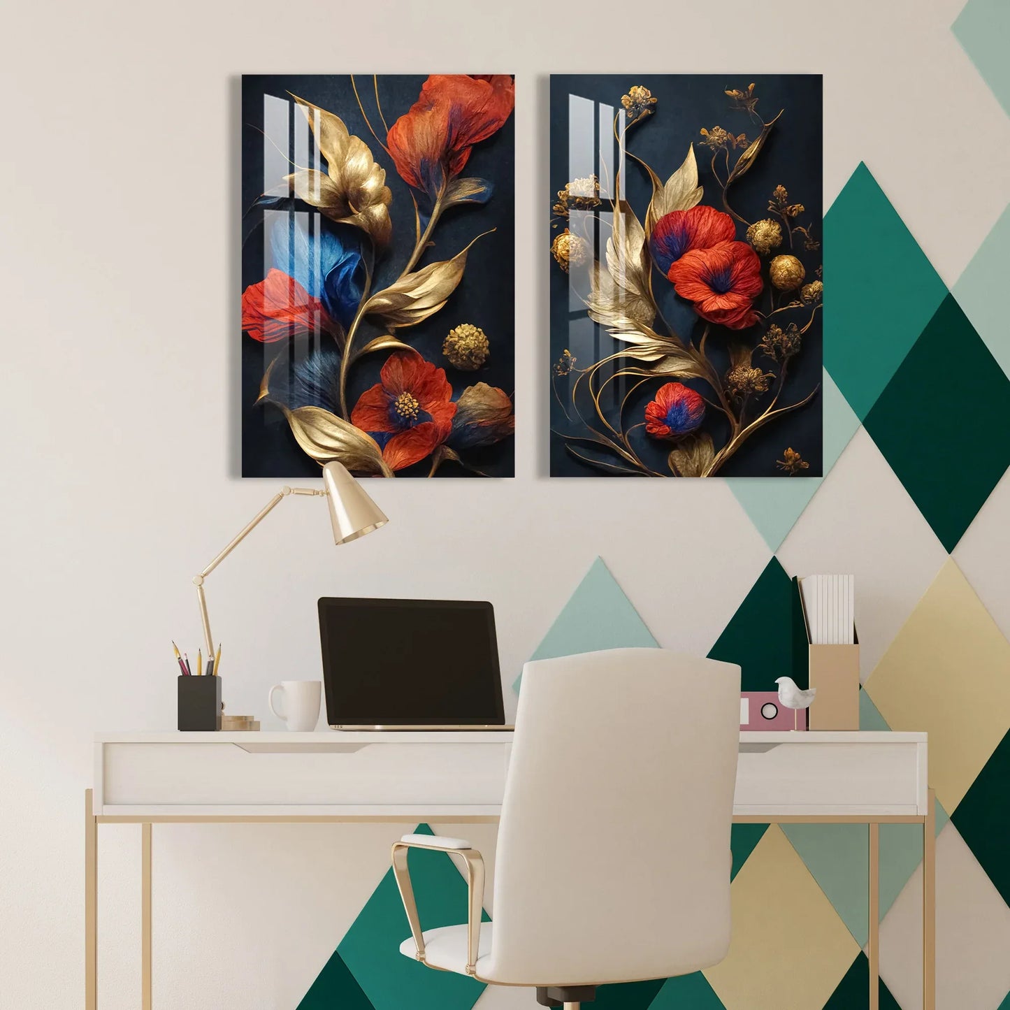 Red Flowers Blue Gold Duo Glass Wall Art Set - LUXARTDECO