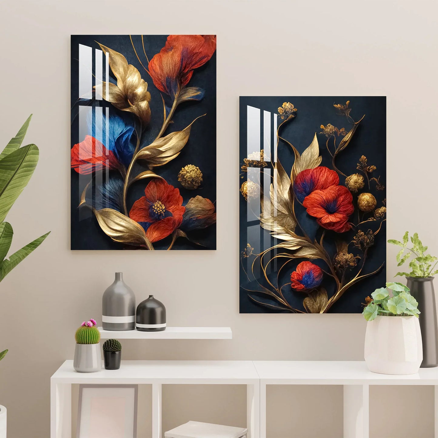 Red Flowers Blue Gold Duo Glass Wall Art Set - LUXARTDECO