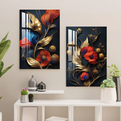 Red Flowers Blue Gold Duo Glass Wall Art Set - LUXARTDECO