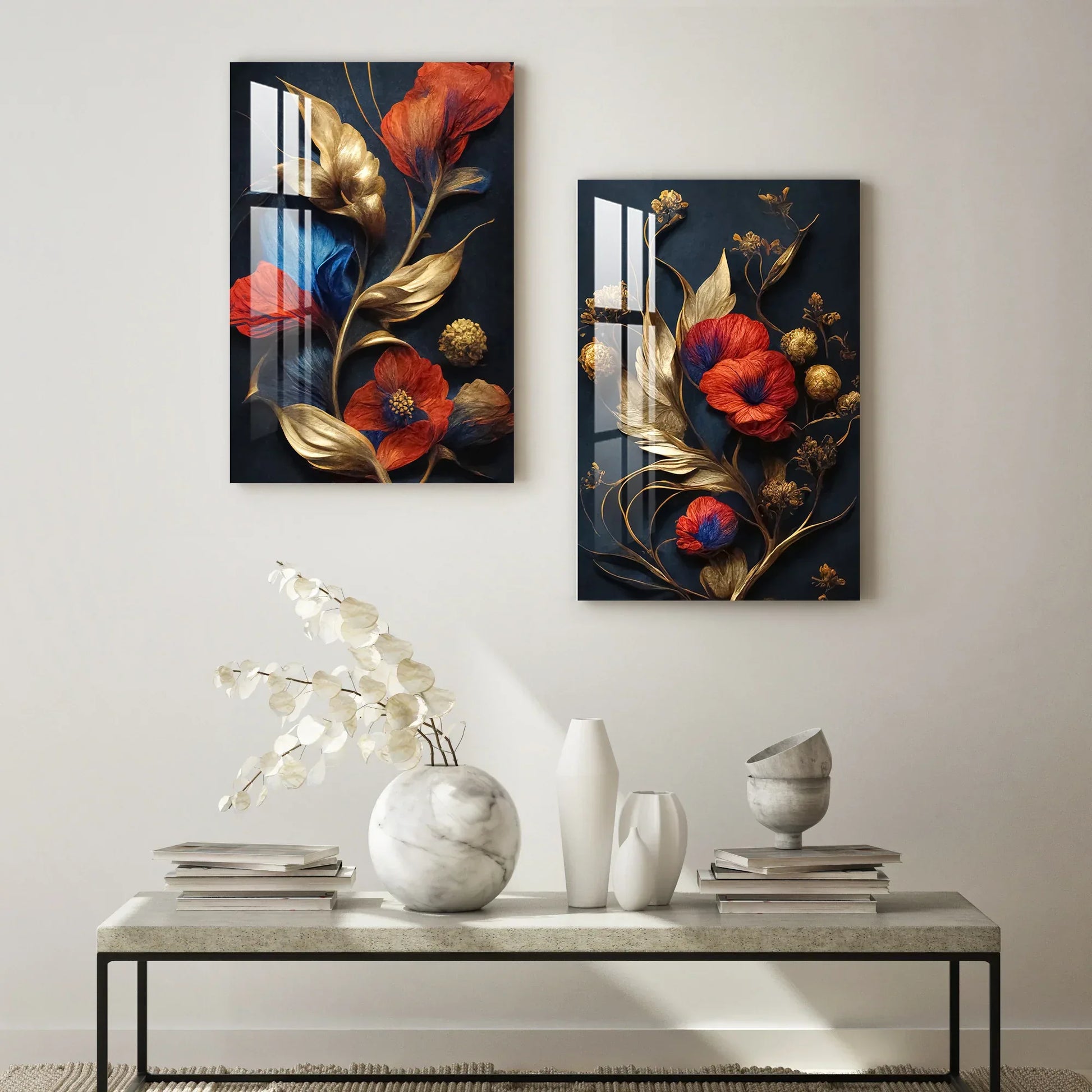 Red Flowers Blue Gold Duo Glass Wall Art Set - LUXARTDECO