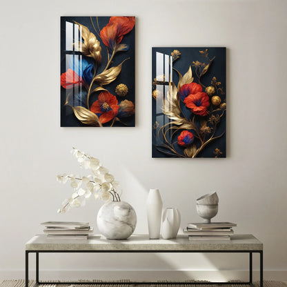 Red Flowers Blue Gold Duo Glass Wall Art Set - LUXARTDECO