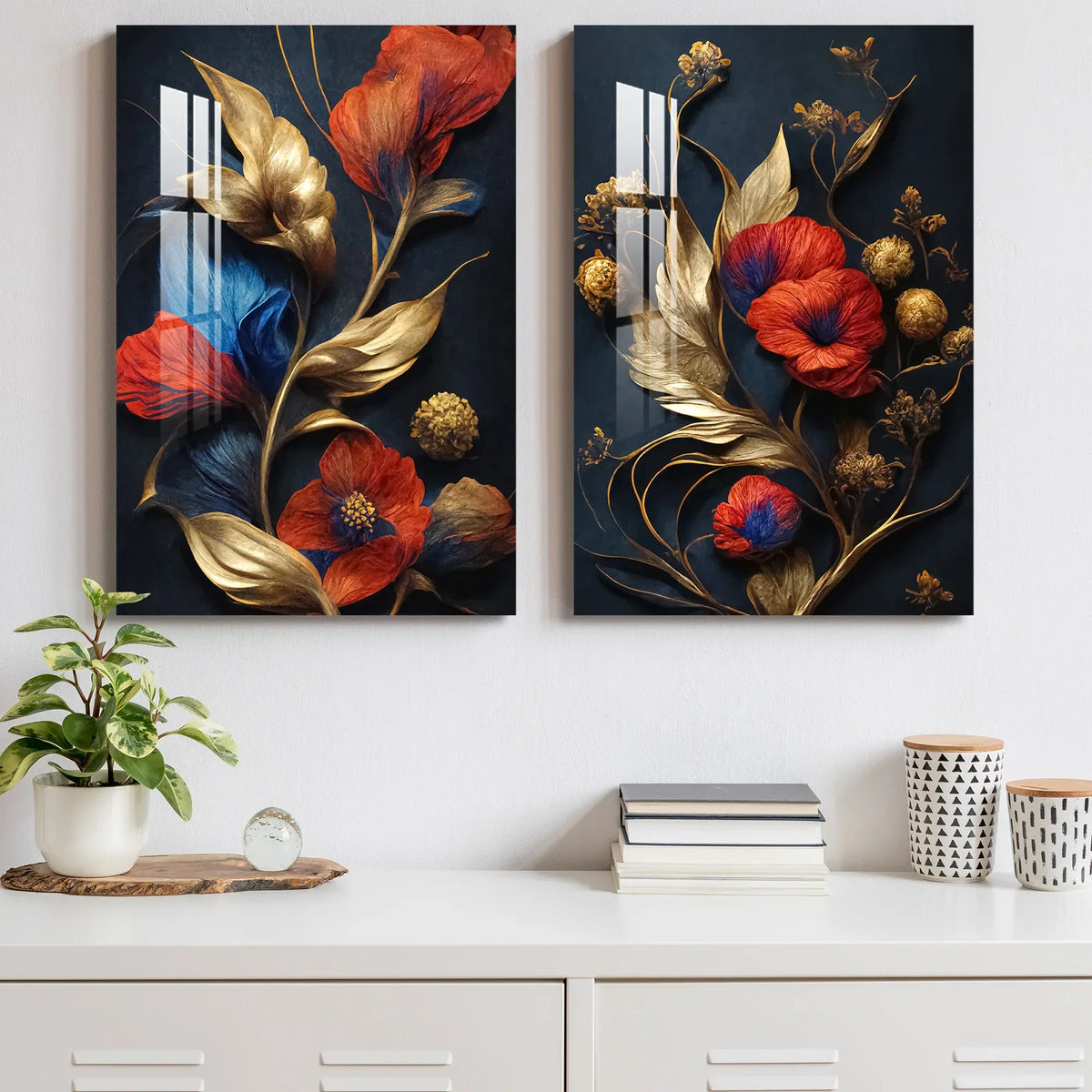 Red Flowers Blue Gold Duo Glass Wall Art Set - LUXARTDECO