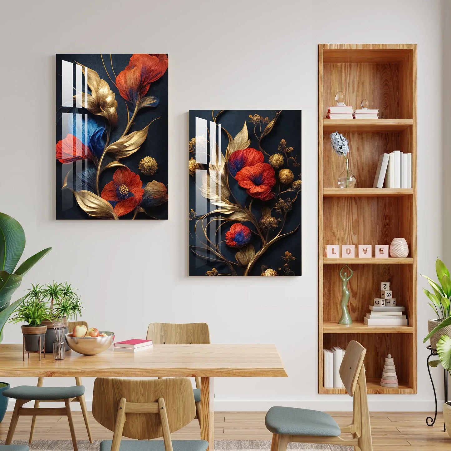 Red Flowers Blue Gold Duo Glass Wall Art Set - LUXARTDECO