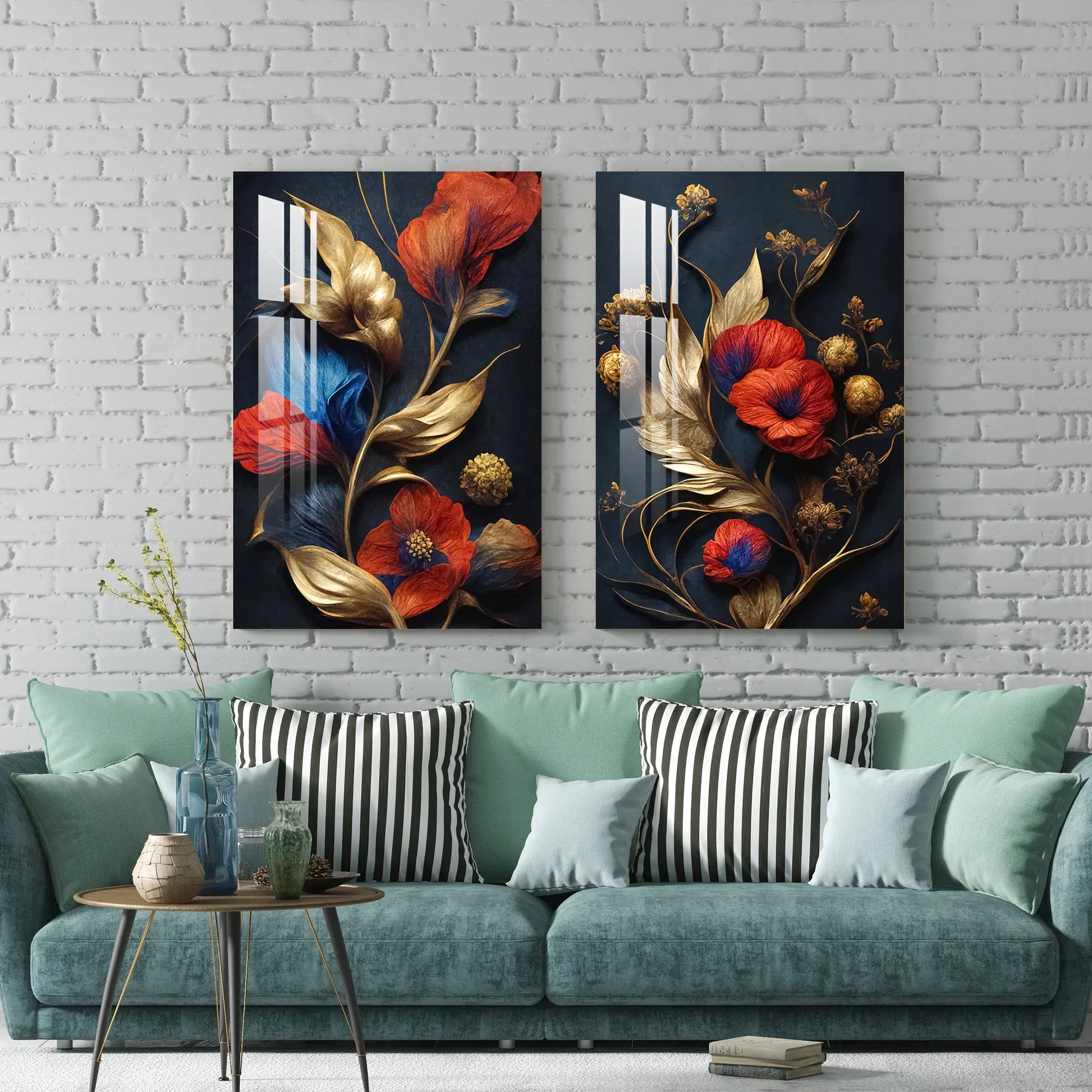 Red Flowers Blue Gold Duo Glass Wall Art Set - LUXARTDECO
