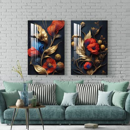 Red Flowers Blue Gold Duo Glass Wall Art Set - LUXARTDECO