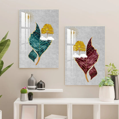 Tree Sun Leaves Duo Glass Wall Art Set - LUXARTDECO