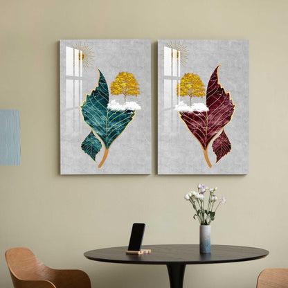 Tree Sun Leaves Duo Glass Wall Art Set - LUXARTDECO