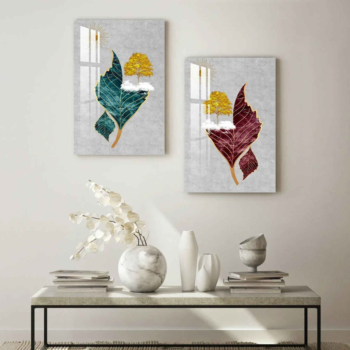 Tree Sun Leaves Duo Glass Wall Art Set - LUXARTDECO