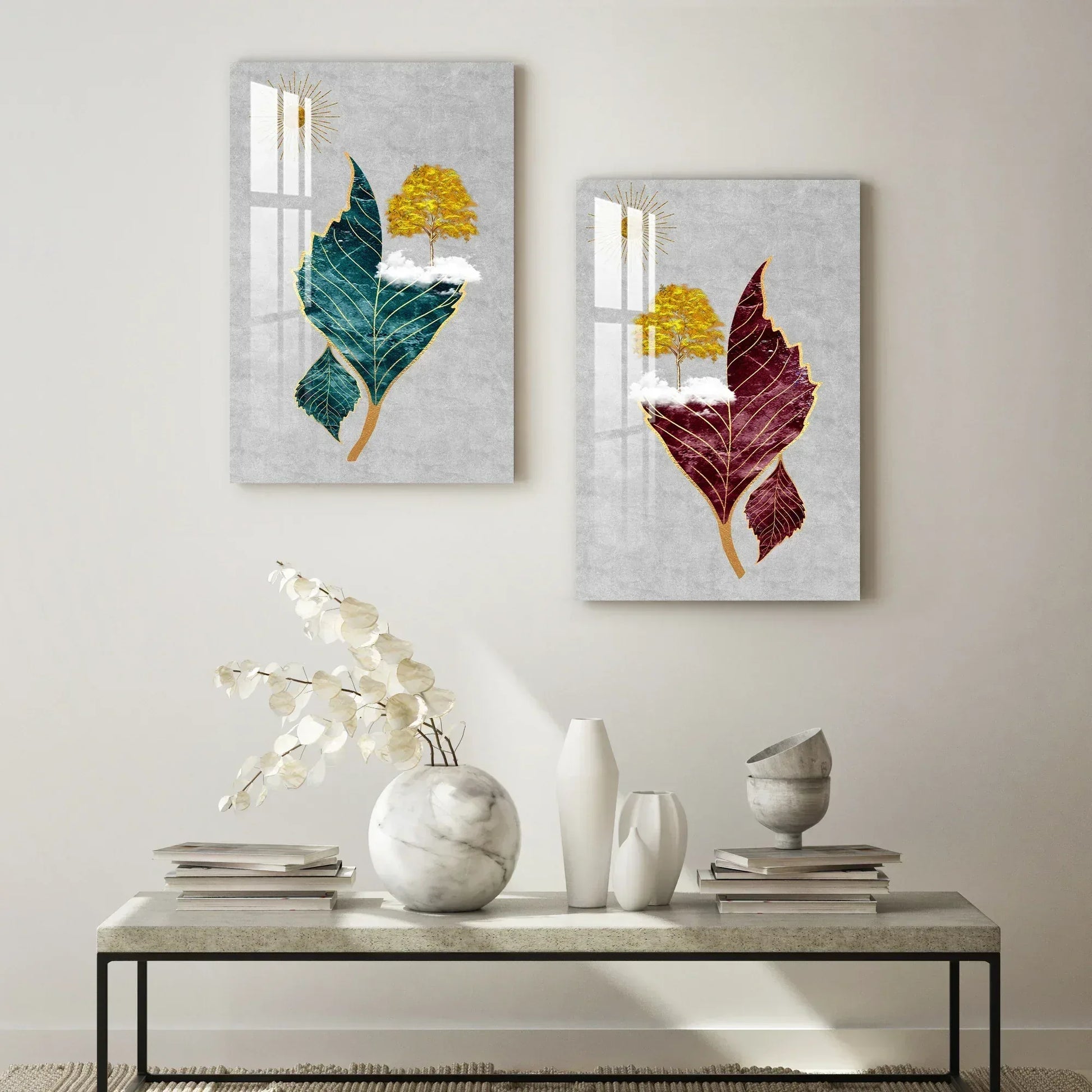 Tree Sun Leaves Duo Glass Wall Art Set - LUXARTDECO
