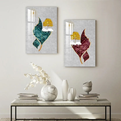 Tree Sun Leaves Duo Glass Wall Art Set - LUXARTDECO