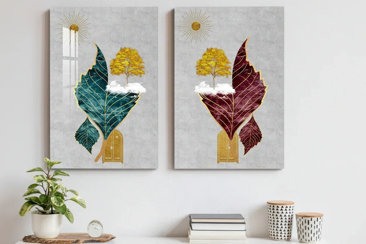 Tree Sun Leaves Duo Glass Wall Art Set - LUXARTDECO