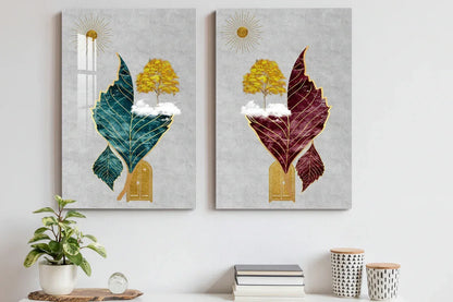 Tree Sun Leaves Duo Glass Wall Art Set - LUXARTDECO