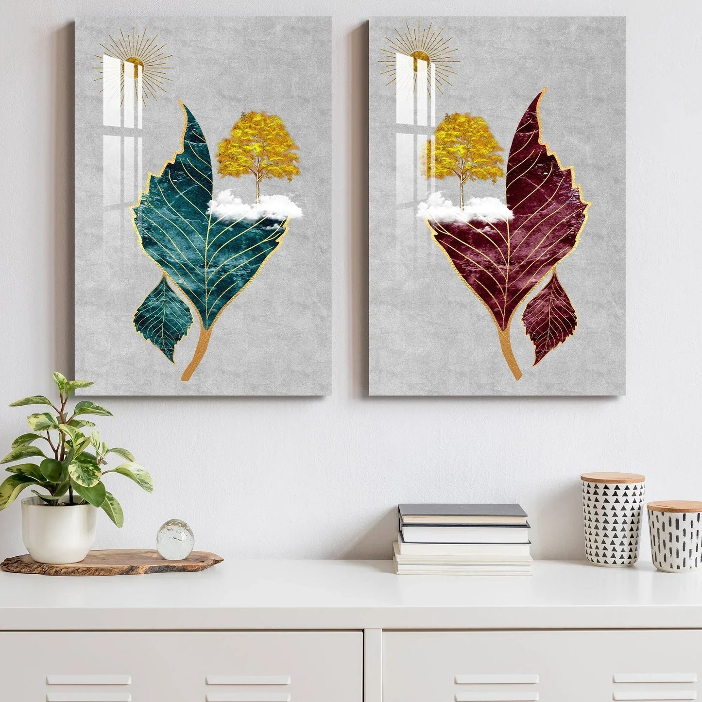 Tree Sun Leaves Duo Glass Wall Art Set - LUXARTDECO