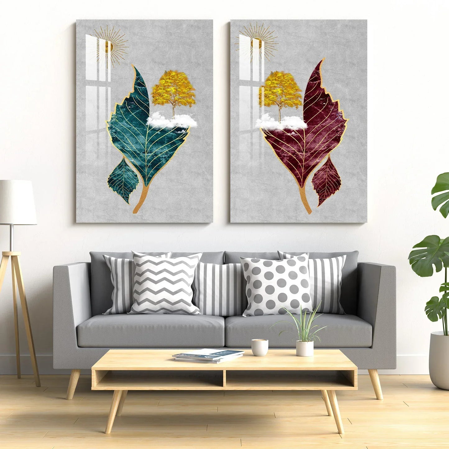 Tree Sun Leaves Duo Glass Wall Art Set - LUXARTDECO
