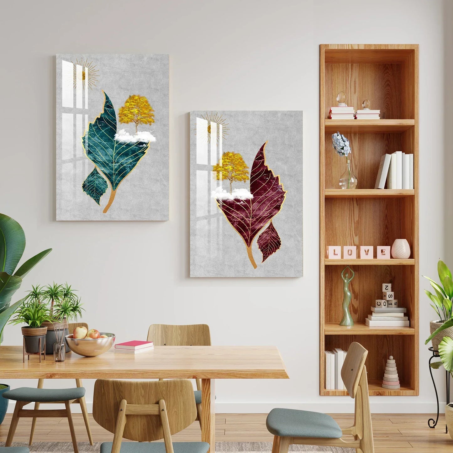 Tree Sun Leaves Duo Glass Wall Art Set - LUXARTDECO
