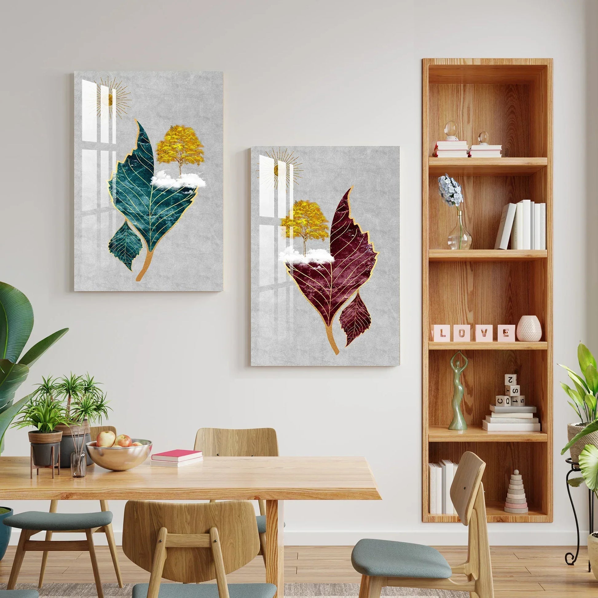 Tree Sun Leaves Duo Glass Wall Art Set - LUXARTDECO