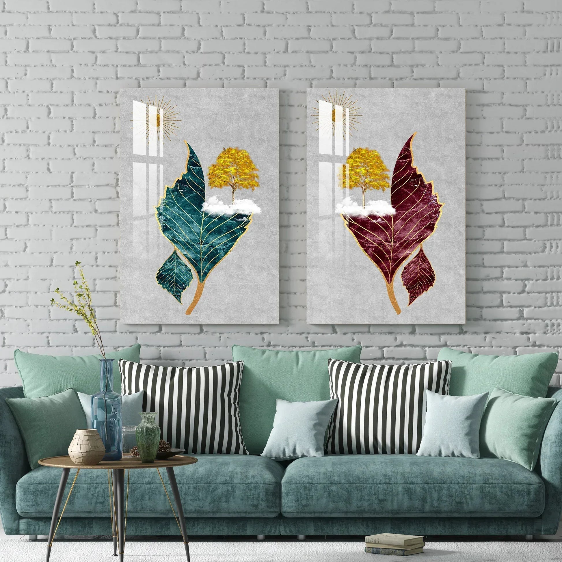 Tree Sun Leaves Duo Glass Wall Art Set - LUXARTDECO