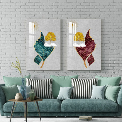 Tree Sun Leaves Duo Glass Wall Art Set - LUXARTDECO