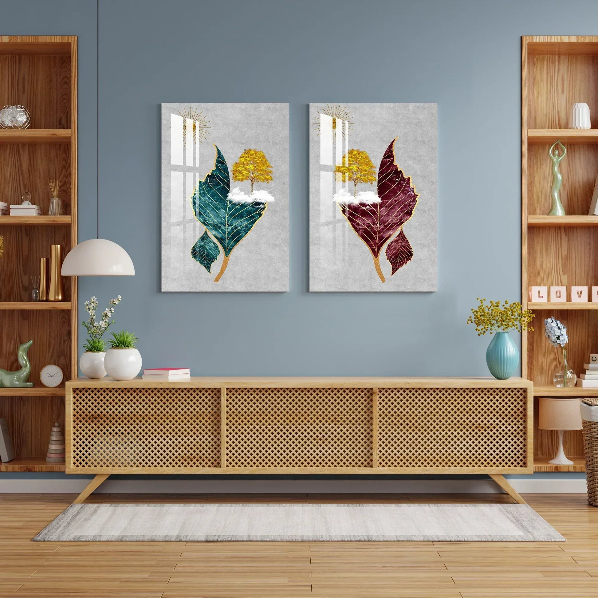 Tree Sun Leaves Duo Glass Wall Art Set - LUXARTDECO