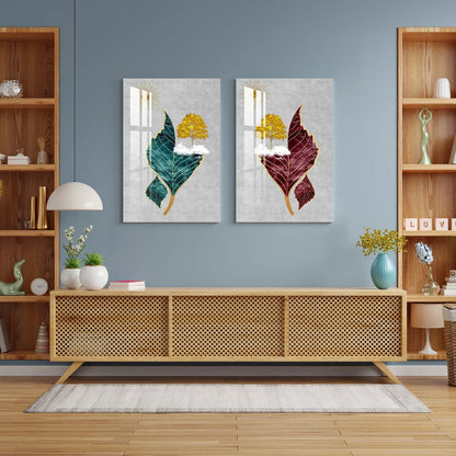 Tree Sun Leaves Duo Glass Wall Art Set - LUXARTDECO
