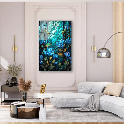 Delicate Blue Flowers Glass Wall Art - LUXARTDECO