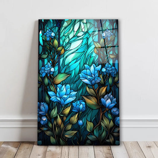 Blue Flowers Glass Wall Art